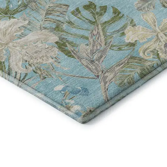 Teal Green And Ivory Floral Washable Area Rug With UV Protection Photo 6