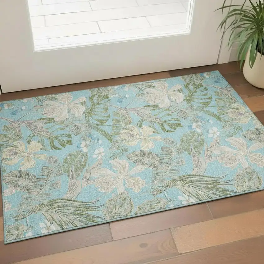 Teal Green And Ivory Floral Washable Area Rug With UV Protection Photo 2