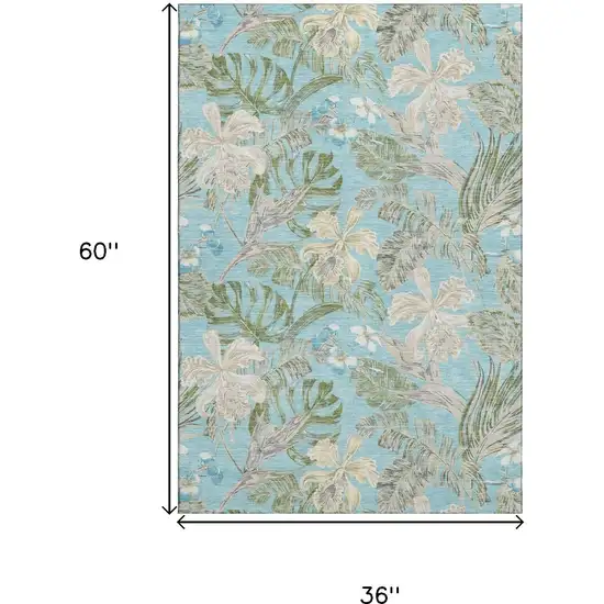 Teal Green And Ivory Floral Washable Area Rug With UV Protection Photo 9