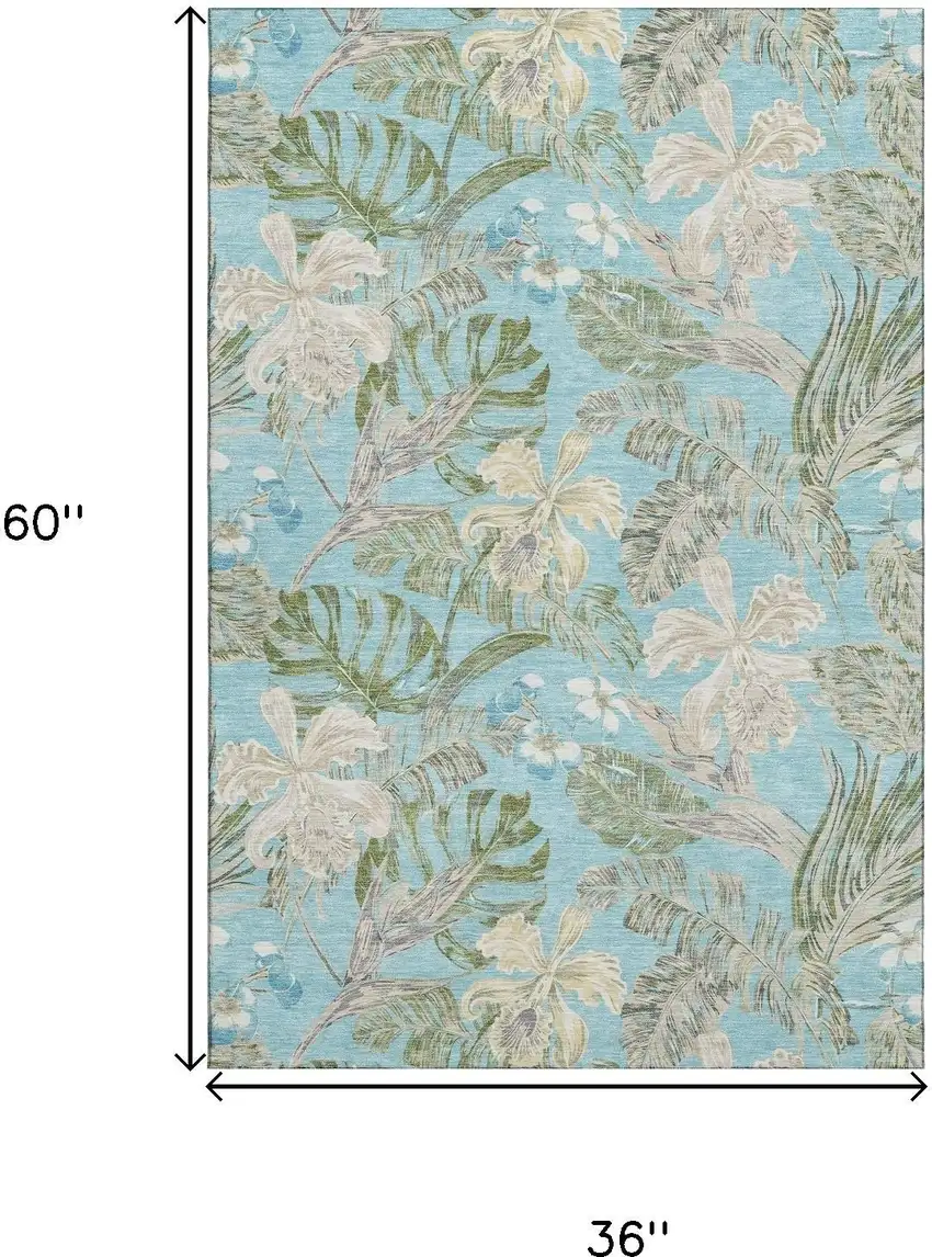 Teal Green And Ivory Floral Washable Area Rug With UV Protection Photo 9