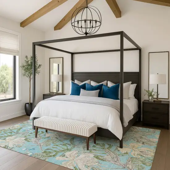 Teal Green And Ivory Floral Washable Area Rug With UV Protection Photo 3