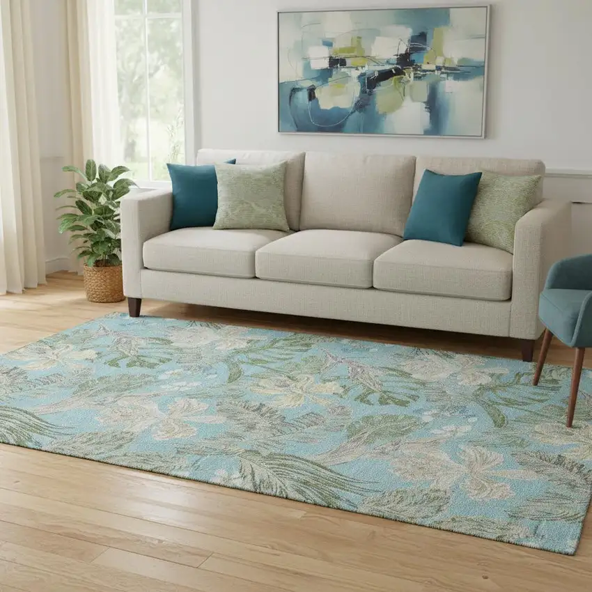 Teal Green And Ivory Floral Washable Area Rug With UV Protection Photo 2