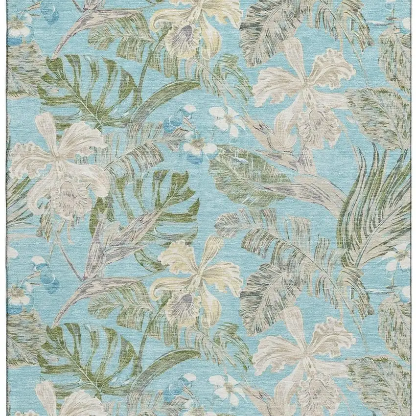 Teal Green And Ivory Floral Washable Area Rug With UV Protection Photo 3