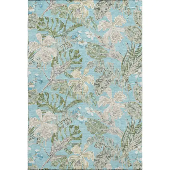 Teal Green And Ivory Floral Washable Area Rug With UV Protection Photo 1