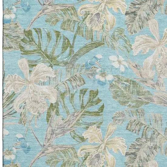 Teal Green And Ivory Floral Washable Area Rug With UV Protection Photo 2