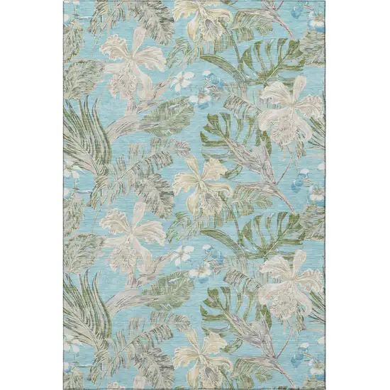 Teal Green And Ivory Floral Washable Area Rug With UV Protection Photo 3