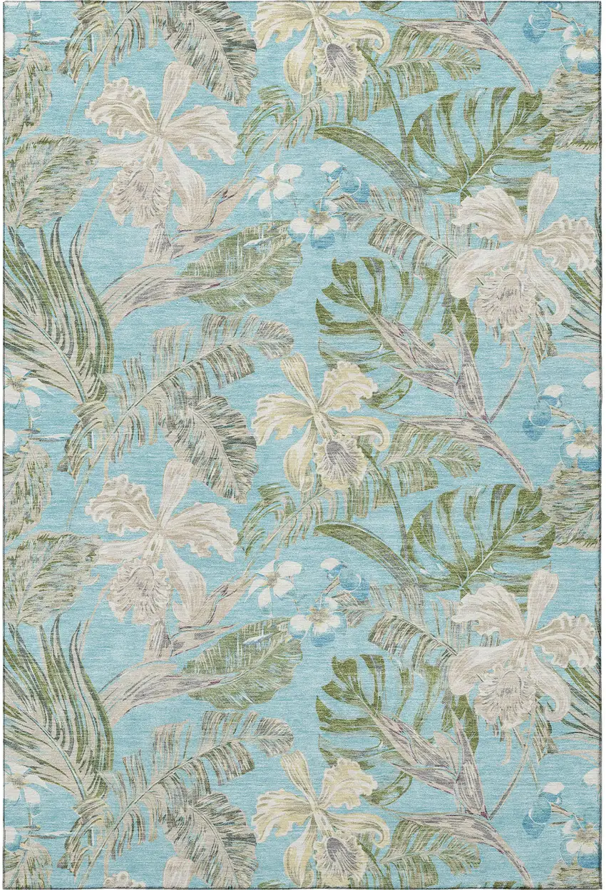 Teal Green And Ivory Floral Washable Area Rug With UV Protection Photo 3