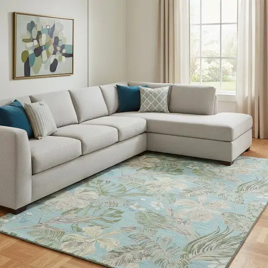 Teal Green And Ivory Floral Washable Area Rug With UV Protection Photo 2