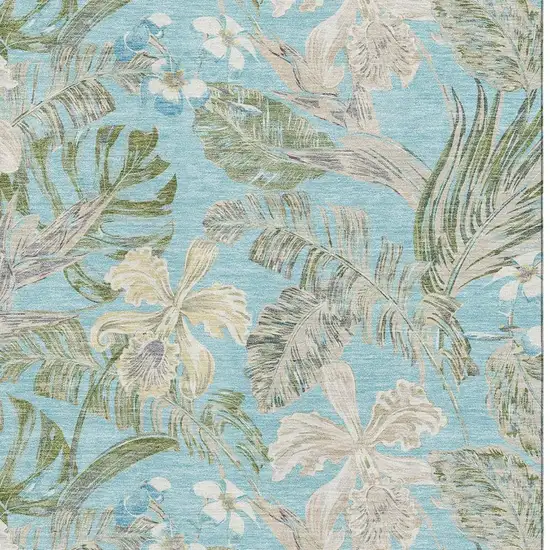 Teal Green And Ivory Floral Washable Area Rug With UV Protection Photo 2