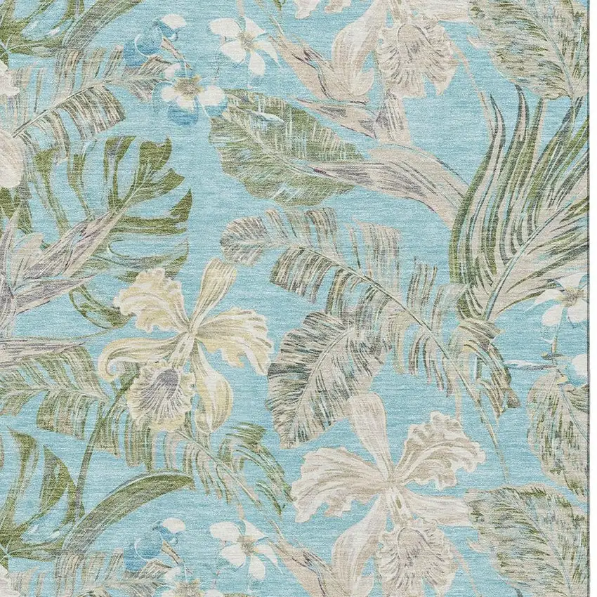 Teal Green And Ivory Floral Washable Area Rug With UV Protection Photo 2