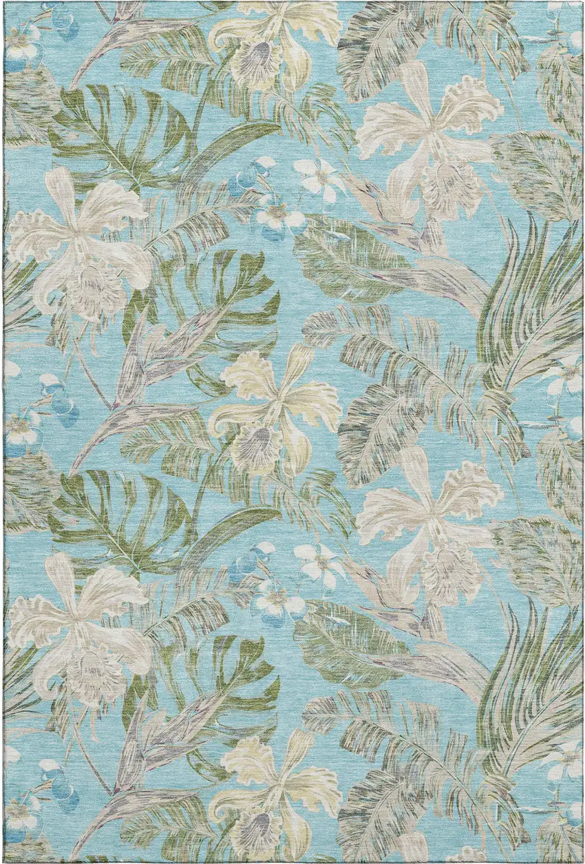 Teal Green And Ivory Floral Washable Area Rug With UV Protection Photo 1
