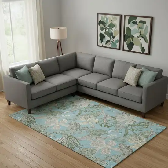 Teal Green And Ivory Floral Washable Area Rug With UV Protection Photo 2