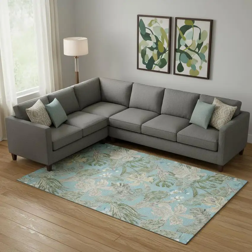 Teal Green And Ivory Floral Washable Area Rug With UV Protection Photo 2