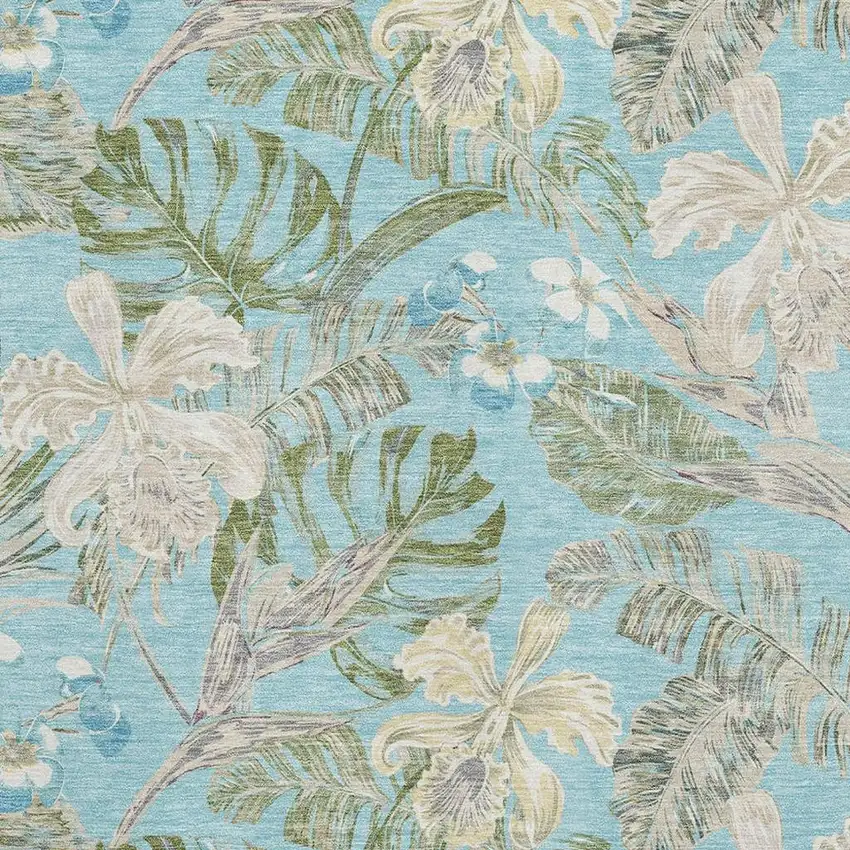 Teal Green And Ivory Floral Washable Area Rug With UV Protection Photo 2