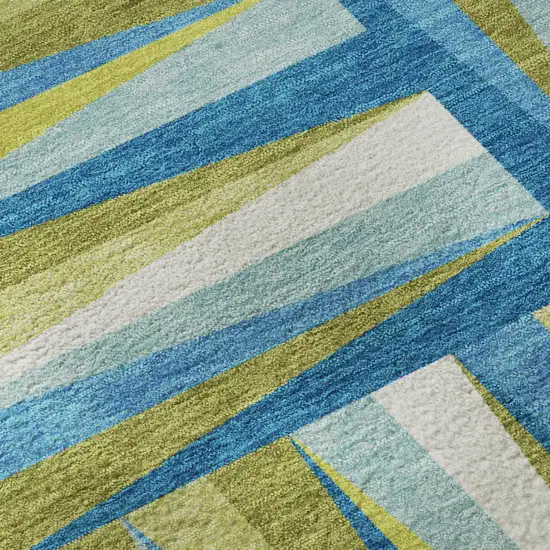 Teal Green And Ivory Geometric Washable Area Rug With UV Protection Photo 9