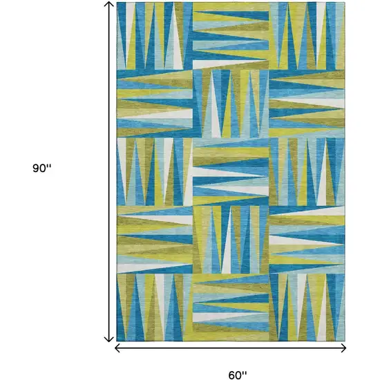 Teal Green And Ivory Geometric Washable Area Rug With UV Protection Photo 6
