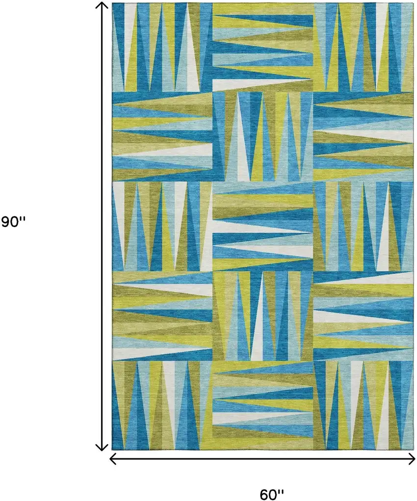 Teal Green And Ivory Geometric Washable Area Rug With UV Protection Photo 6