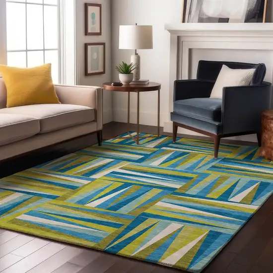 Teal Green And Ivory Geometric Washable Area Rug With UV Protection Photo 4