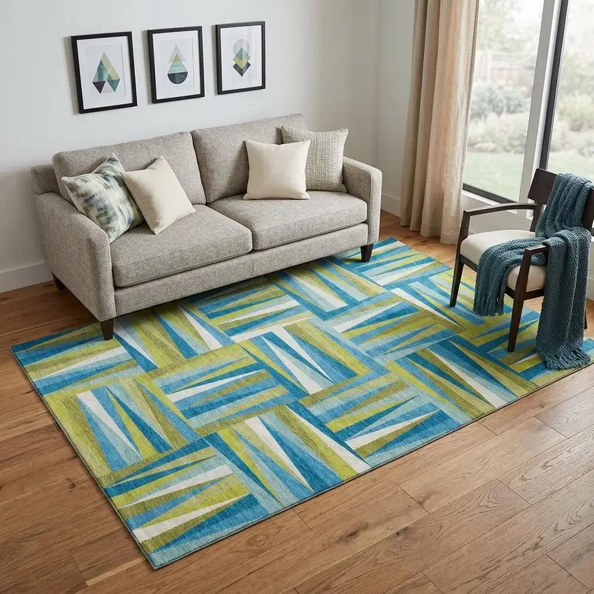 Teal Green And Ivory Geometric Washable Area Rug With UV Protection Photo 1