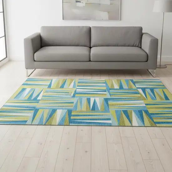 Teal Green And Ivory Geometric Washable Area Rug With UV Protection Photo 2