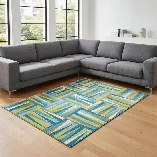 Teal Green And Ivory Geometric Washable Area Rug With UV Protection Photo 2