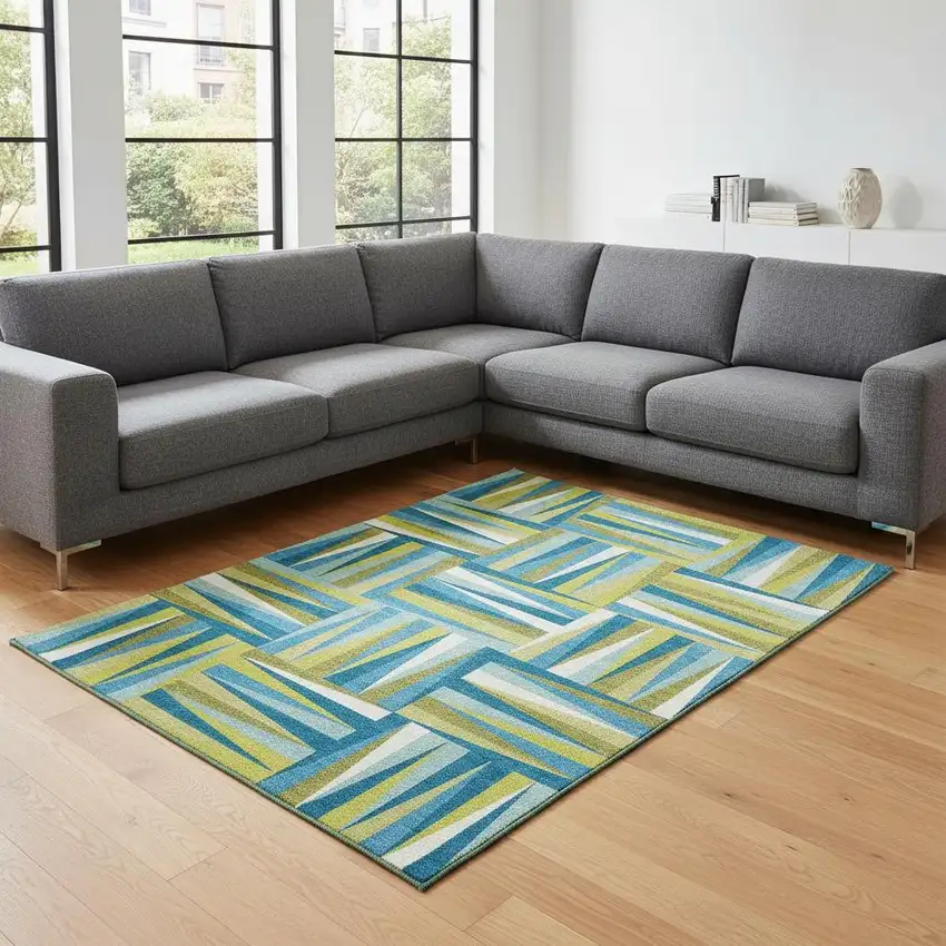 Teal Green And Ivory Geometric Washable Area Rug With UV Protection Photo 2