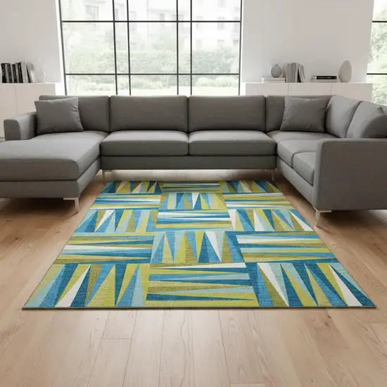 Teal Green And Ivory Geometric Washable Area Rug With UV Protection Photo 2