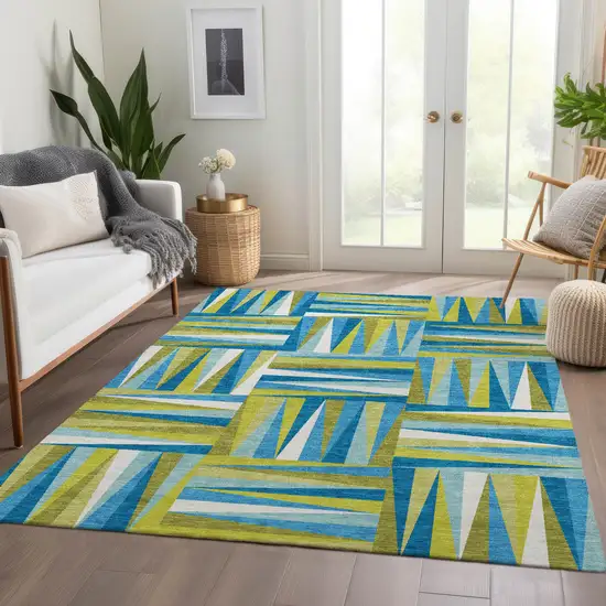 Teal Green And Ivory Geometric Washable Area Rug With UV Protection Photo 5