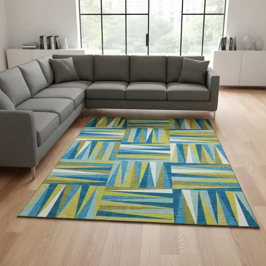 Teal Green And Ivory Geometric Washable Area Rug With UV Protection Photo 2