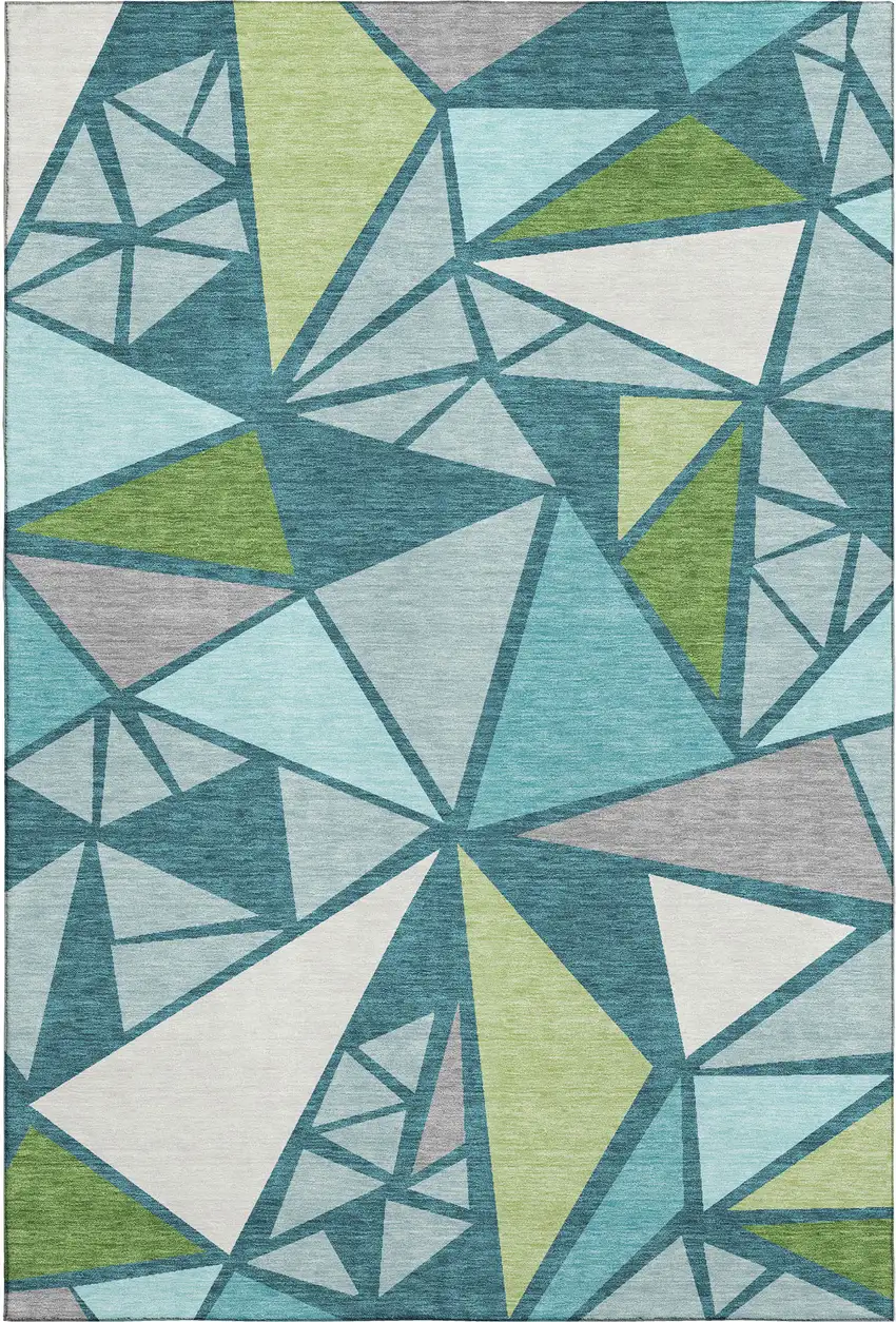 Teal Green And Ivory Geometric Washable Area Rug With UV Protection Photo 1