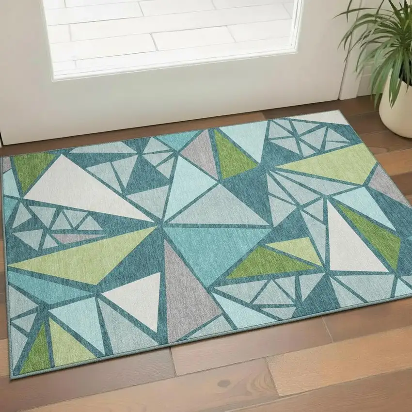 Teal Green And Ivory Geometric Washable Area Rug With UV Protection Photo 2