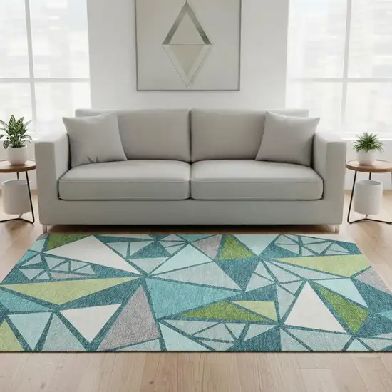 Teal Green And Ivory Geometric Washable Area Rug With UV Protection Photo 2