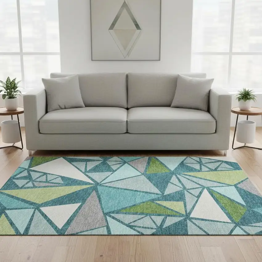 Teal Green And Ivory Geometric Washable Area Rug With UV Protection Photo 2