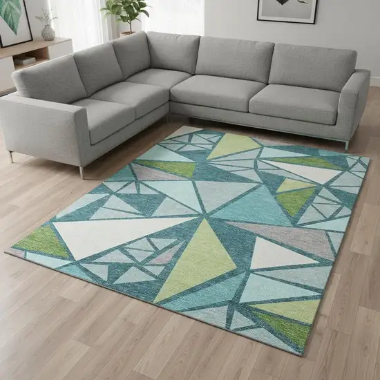 Teal Green And Ivory Geometric Washable Area Rug With UV Protection Photo 2