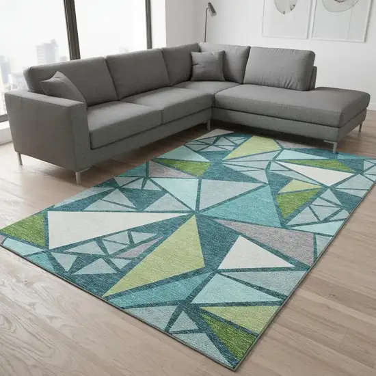 Teal Green And Ivory Geometric Washable Area Rug With UV Protection Photo 2