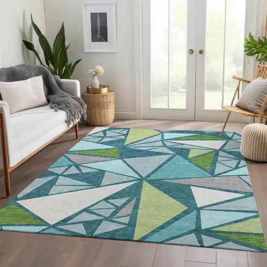 Teal Green And Ivory Geometric Washable Area Rug With UV Protection Photo 5