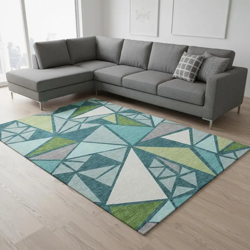 Teal Green And Ivory Geometric Washable Area Rug With UV Protection Photo 2