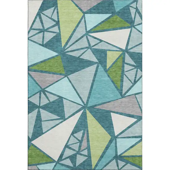 Teal Green And Ivory Geometric Washable Area Rug With UV Protection Photo 1