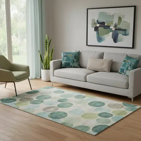 Teal Green And Ivory Geometric Washable Area Rug With UV Protection Photo 2