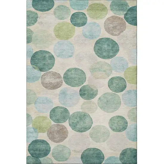 Teal Green And Ivory Geometric Washable Area Rug With UV Protection Photo 4