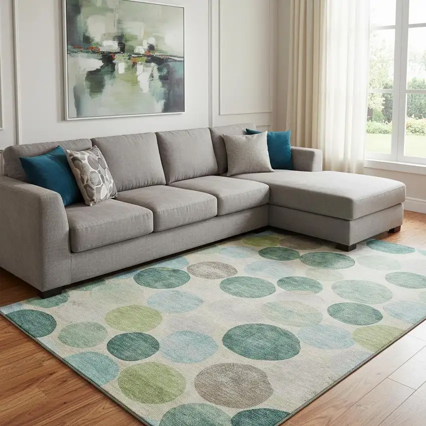 Teal Green And Ivory Geometric Washable Area Rug With UV Protection Photo 2
