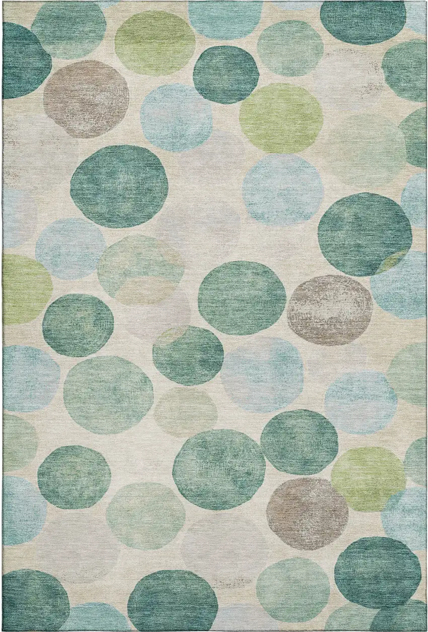 Teal Green And Ivory Geometric Washable Area Rug With UV Protection Photo 1