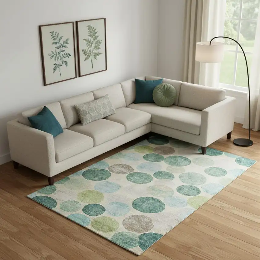 Teal Green And Ivory Geometric Washable Area Rug With UV Protection Photo 2