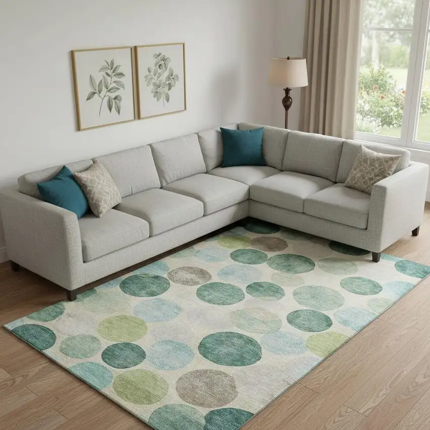 Teal Green And Ivory Geometric Washable Area Rug With UV Protection Photo 2