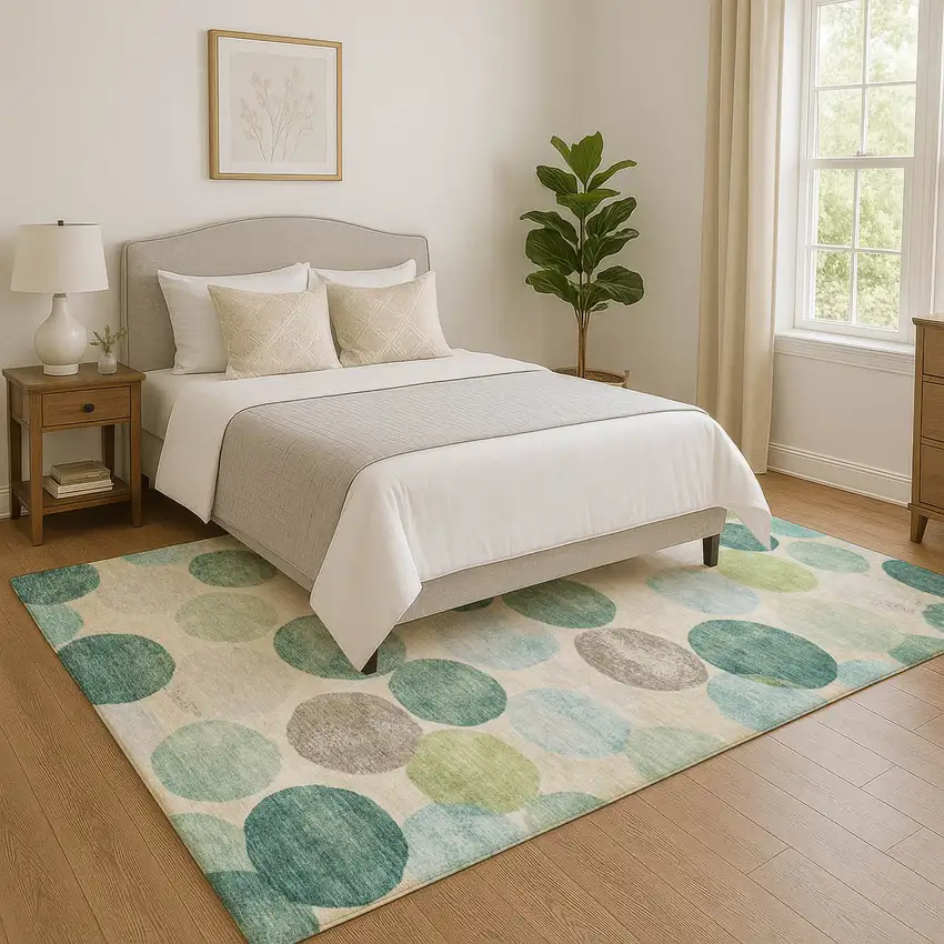 Teal Green And Ivory Geometric Washable Area Rug With UV Protection Photo 5