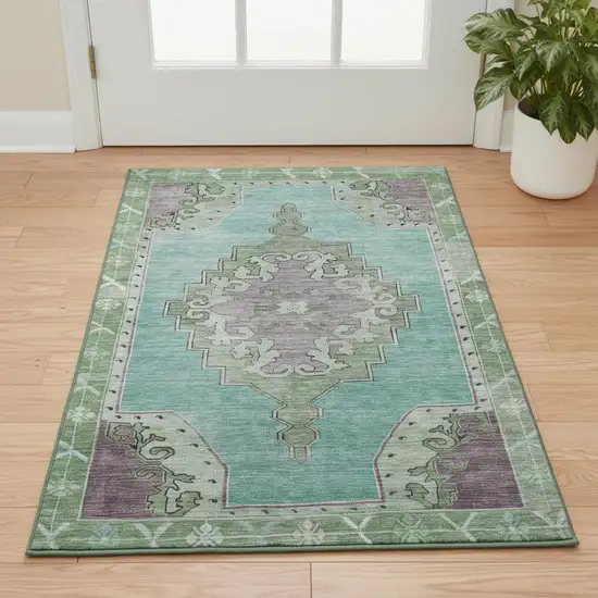 Teal Green And Lavender Oriental Washable Area Rug With UV Protection Photo 2