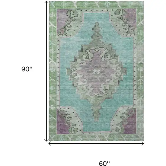 Teal Green And Lavender Oriental Washable Area Rug With UV Protection Photo 9