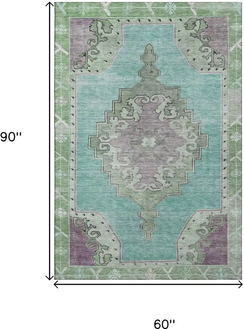 Teal Green And Lavender Oriental Washable Area Rug With UV Protection Photo 9