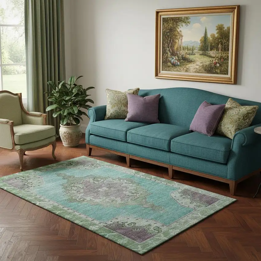 Teal Green And Lavender Oriental Washable Area Rug With UV Protection Photo 2