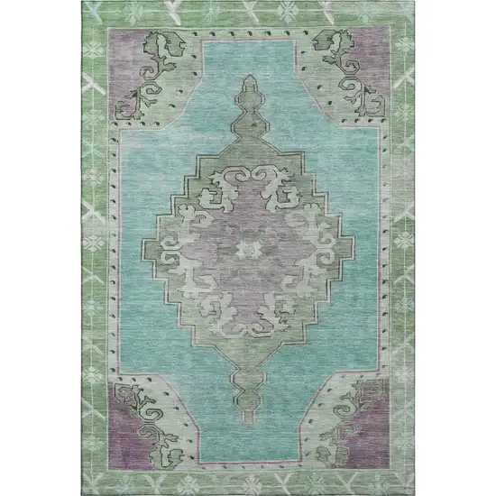 Teal Green And Lavender Oriental Washable Area Rug With UV Protection Photo 1